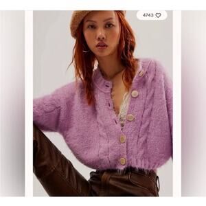 Free People Cardigan S Pink Wool Blend Knit Balloon Sleeve Crop Sweater MSRP$148
